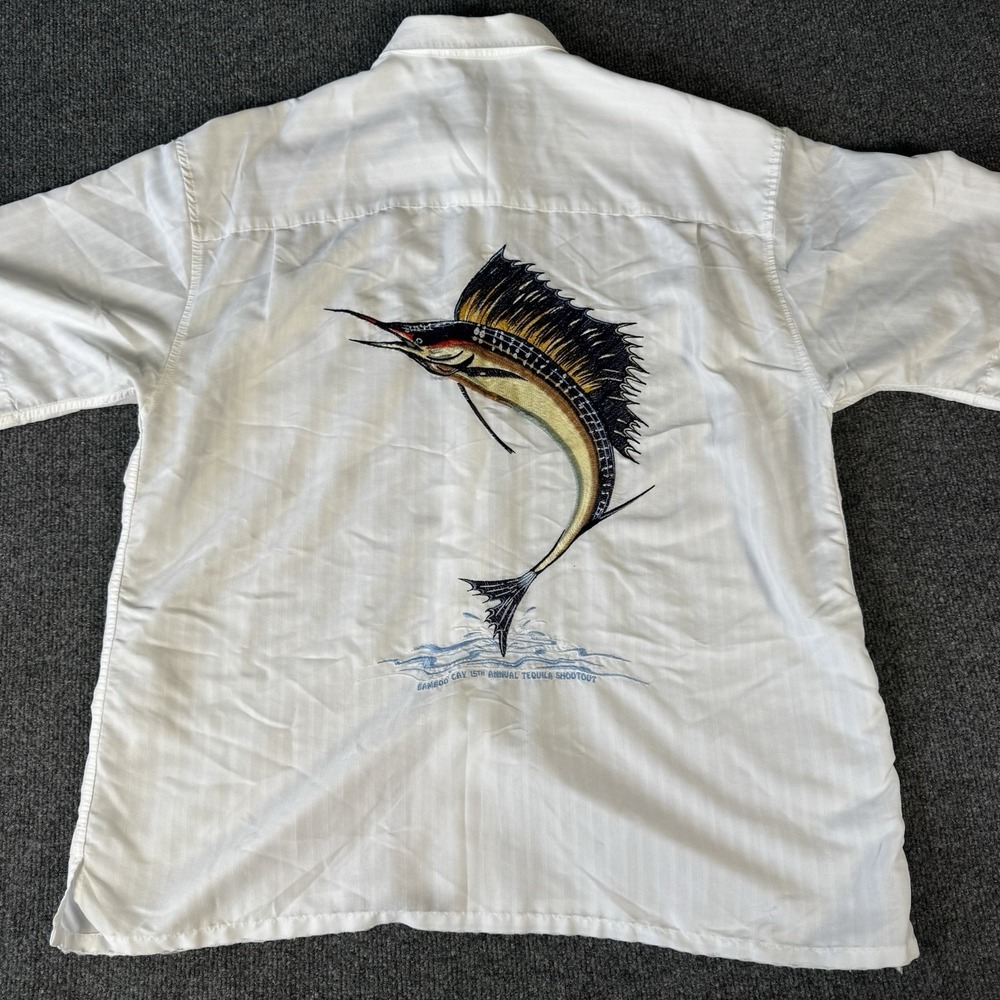 Bamboo Cay Marlin Men's L Embroidered Fishing Casual Button Up Shirt Beige White - Picture 6 of 9